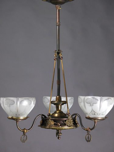 3-Light Art Nouveau Gas Chandelier